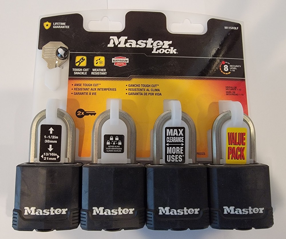 Master Lock M115XQLF Padlocks 4 Pack Security Lvl 8 Outdoor Key Lock Heavy Duty