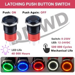 16mm Heavy Duty Latching Metal Push Button Switch Waterproof IP67 20A 12V 24V