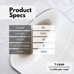 4 Rolls 80 Gauge 18″ x 1500′ Packing Blown Hand Clear Stretch Wrap Shrink Film