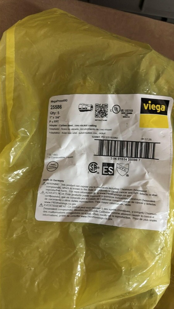 Viega MegaPressG 25586 Adapter 1″ x 3/4″ P x FPT Carbon Steel (Qty 5)