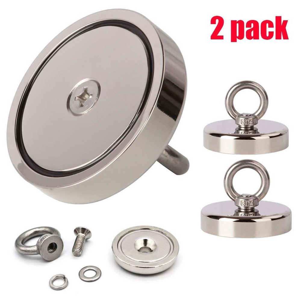 2 Pack Neodymium Fishing Magnets , 400LBS Pulling Force Strong Round Rare Earth