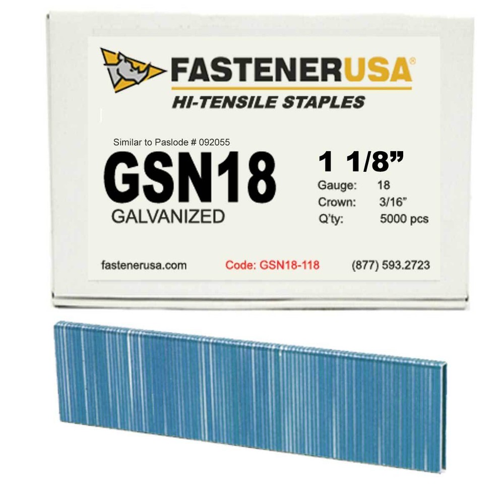 1-1/8″ LEG x 3/16″ CROWN 18GA GALV GSN18 STAPLES 5,000ct | GSN18-118