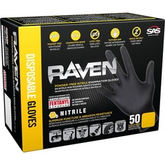 SAS Safety, Raven Gloves 50 Packs 7Mil PF Exam Textured, Size XL, Color Black,