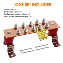 7.88×2 Inch 600A Copper Grounding Bar Kit 10 Terminal Positions Hub