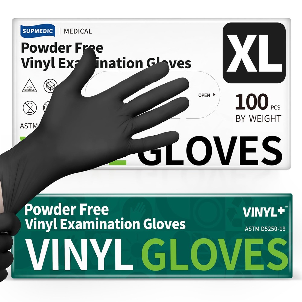 Supmedic Vinyl Disposable Exam Gloves, Black 4 X-Large, 100 X-large (Black)