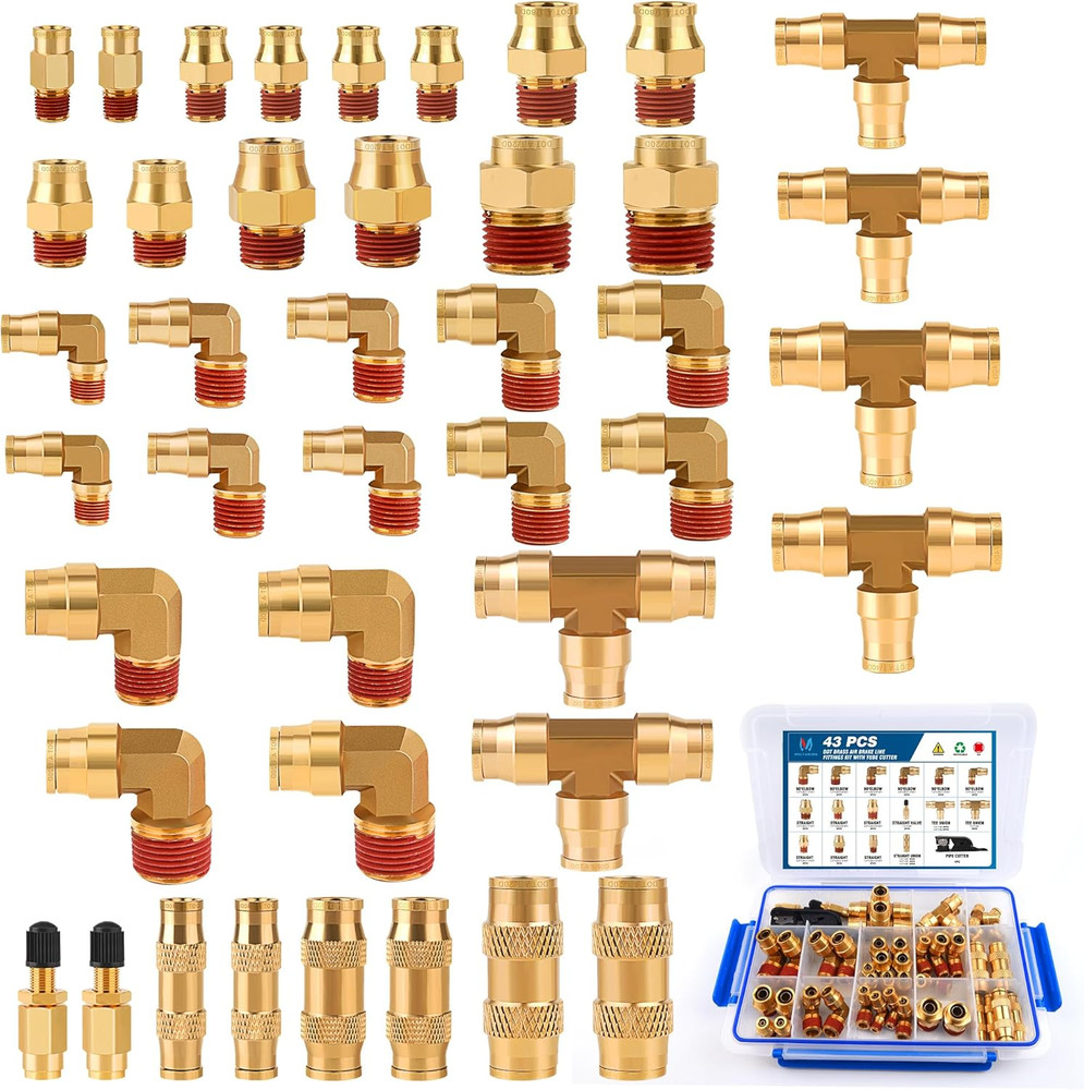 43 PCS Brass DOT Air Brake Line Fittings Assortment Kit, 1/8″ 1/4″ 3/8″ 1/2″